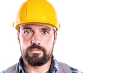 Close-up of a construction worker wearing a yellow hard hat, beard, and plaid shirt. Concept Close-Up Construction Worker Portrait, Yellow Hard Hat and Beard Detail, Plaid Shirt Workwear Portrait