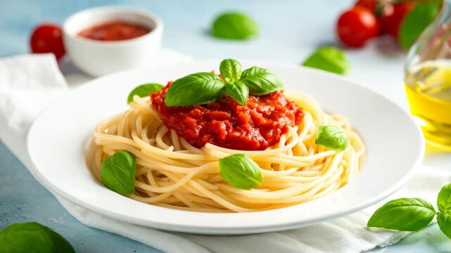 Delicious spaghetti with marinara sauce and fresh basil leaves on white plate