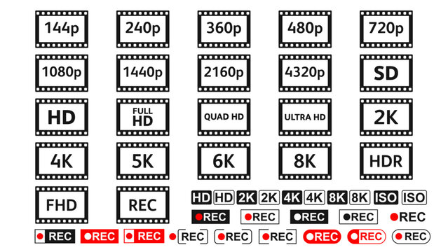 Collection of display resolution and recording icons including HD, 4K, 8K, HDR, REC labels in film frame style, isolated on white Background
