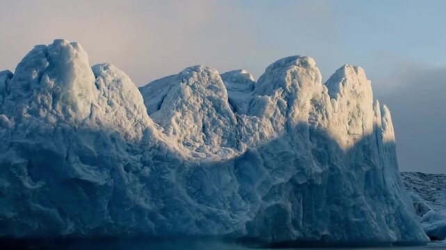Pristine Arctic Sculpture A serene, wide-angle view of an unblemished glacier, with a smooth, almost abstract background, bathed in soft, raking side light.