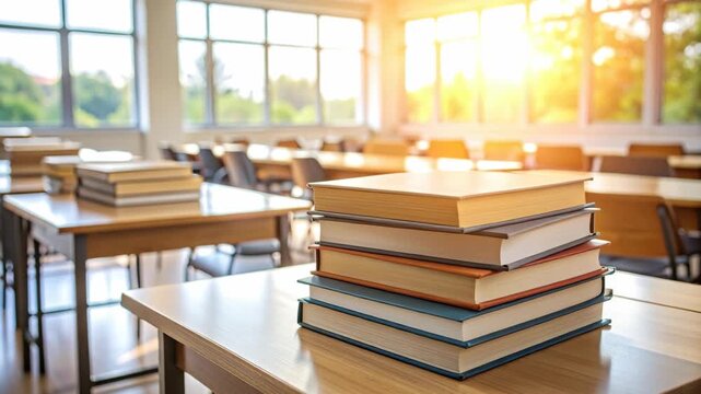 Sunlight streams into a classroom with stacks of books on wooden desks