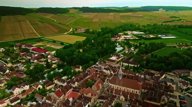 Aerial view of the famous French small town of Chablis, where grapes are grown and famous wine is made. Burgundy Region, France
