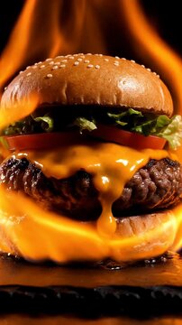 Juicy cheeseburger with melting cheese and fresh vegetables against fiery background