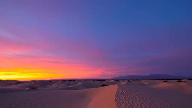 Vivid sunset hues paint the sky above a desert landscape of rolling sand dunes