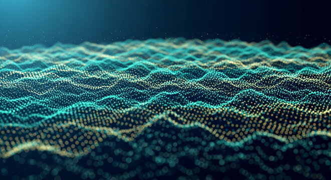 Abstract teal and gold dot pattern forming wave shape against a dark blue backdrop, representing data, technology, or future concept