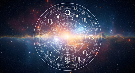 Obraz premium Astrological symbols surrounded by stars and cosmic elements show connection between zodiac signs and the universe in a vibrant scene that captures celestial energy