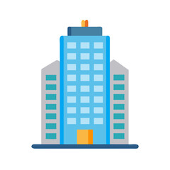 Naklejka premium Flat design blue skyscraper with a yellow door and symmetrical side buildings
