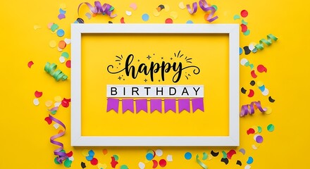 Happy Birthday Background with White Frame, Colorful Confetti and Yellow Party Theme