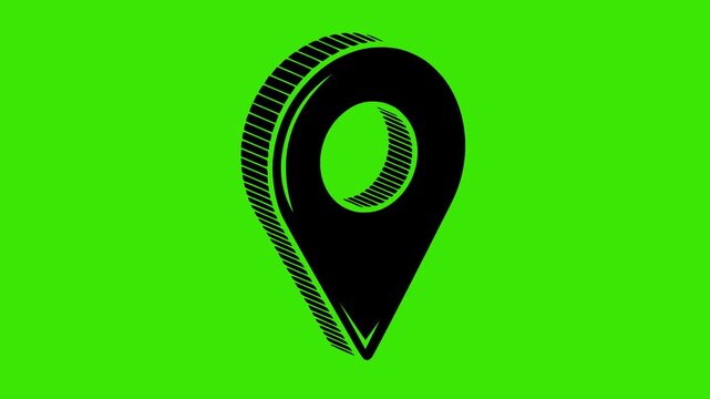 technical drawing of a black isometric gps location pin icon on a green screen background. minimalist hand drawn sketch with black fill and hatch shadows for navigation and mapping concepts