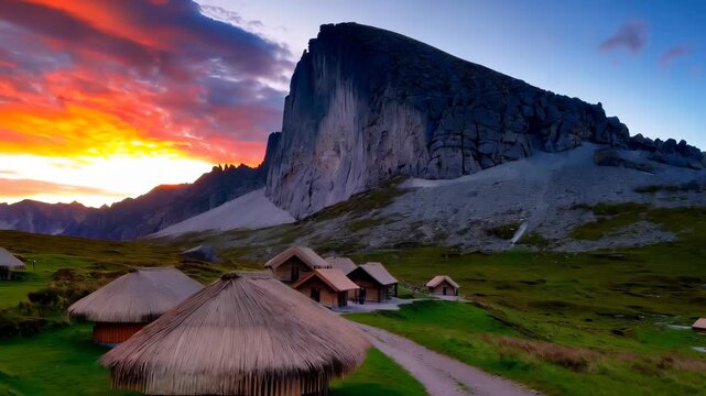 Sunset Over Mountain Village with Thatched Huts