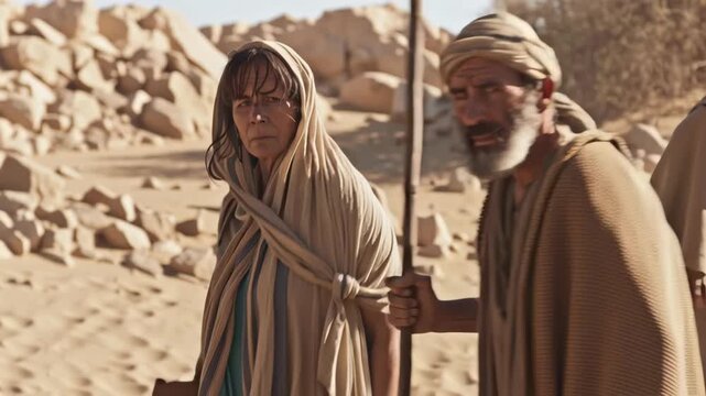 Older man and woman in desert with walking stick, biblical nomads traversing a desolate landscape during ancient times for desert living