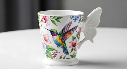 Obraz premium White Mug with Hummingbird and Floral Butterfly Handle coffee drinkware