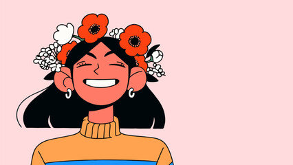 Vector illustration of woman with flowers. Happy Women's Day greeting card. 