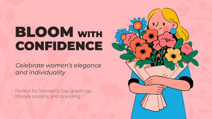 Vector illustration of woman with flowers. Happy Women's Day greeting card. 
