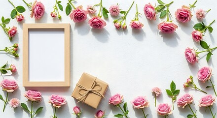 Pink Rose Flower Frame Mockup with Gift Box on White Background, Romantic Floral Flat Lay