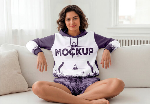 Hoodie Mockup Featuring Woman Sitting On Sofa