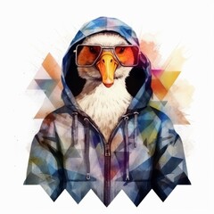 Stylish duck wearing sunglasses and a hoodie in a colorful geometric background