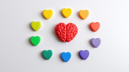 Obraz premium Red brain model surrounded by multicolored heart-shaped candies arranged in a circle on a white background. Concept Red brain model, Multicolored heart-shaped candies, Circular candy arrangement