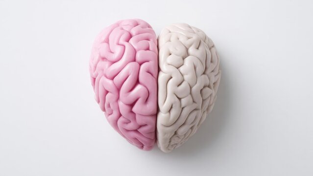 A brain model split into two halves: pink left hemisphere and beige right hemisphere. Concept Split brain model, left pink hemisphere, right beige hemisphere, anatomical education