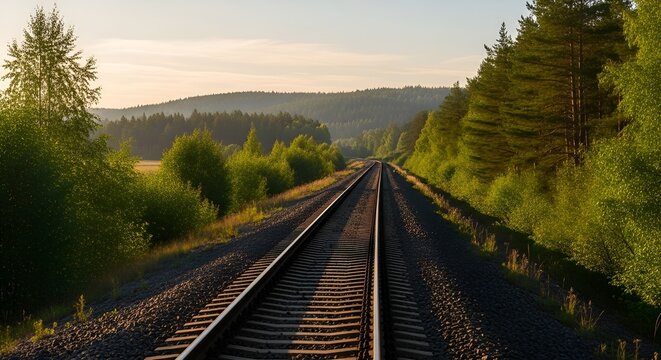 Train tracks stretch through trees and hills in the early morning light, leading into the distance on a quiet rural landscape