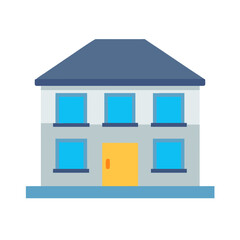Stylized vector house icon with blue roof, windows, and yellow door illustration