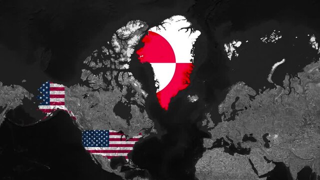 Greenland, USA map and Denmark Map Animation | World Location Map with Country Highlights. Geopolitical strategy, expansionism, and international relations for economic and territorial advantage.