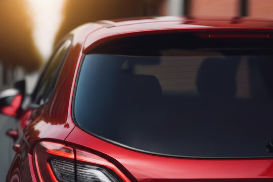 Rear window of a red car parked on a city street. Mockup for car decals.