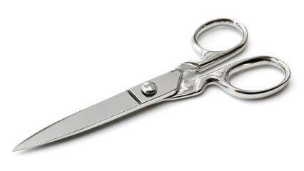 Fototapeta premium Shiny metal scissors with large finger holes on a white background. Concept Shiny metal scissors, Large finger holes, Stainless steel tools, White background close-up