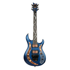 Obraz premium A blue electric guitar with intricate design and gold accents stands alone on a black background