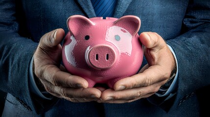 Businessman carefully holding a traditional ceramic piggy bank close to the chest
