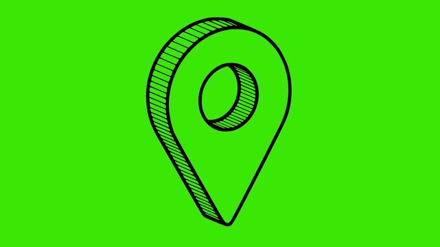 animated isometric gps location pin with black outlines and no fill or white color. hand drawn 2d sketch on green screen chroma key background. minimalist navigation icon for technology and travel