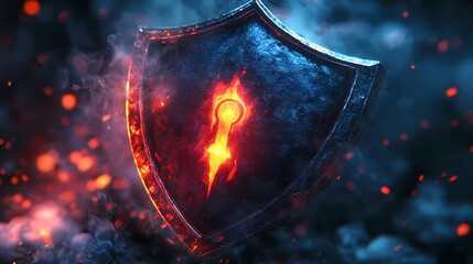 Ornate metal shield glowing with internal fire emanates energy surrounded by smoke and embers