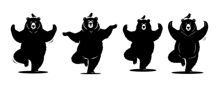 Set Of Funny Bear Silhouettes Doing Yoga Balance Poses With Bird On Head Illustration