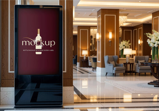 Vertical Digital Kiosk Screen In A Hotel Mockup