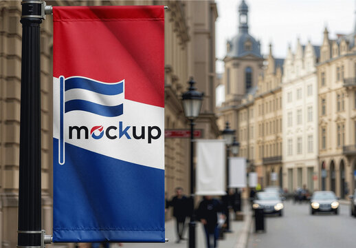 Vertical Street Pole Banner Hanging On A Lamppost Mockup