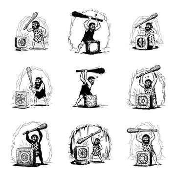 Set Of Funny Caveman Characters Hitting Square Stone Wheels Or Screens With Club Illustration