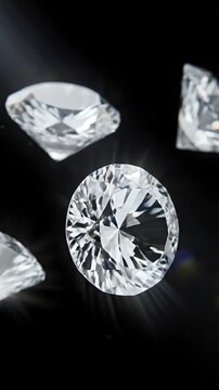 Shiny diamonds on a black reflective surface with sparkling light