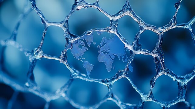 Illuminated globe graphic seen through a web of dynamic liquid structure