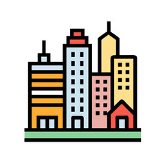 Obraz premium Flat vector illustration of colorful city skyline with buildings on black background