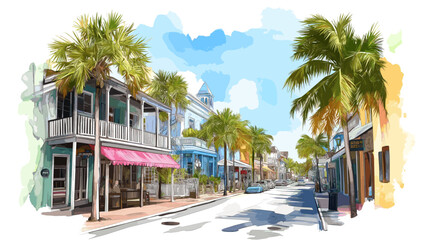 Key West?s Duval Street. Key West?s Duval Street hand drawn watercolor illustration