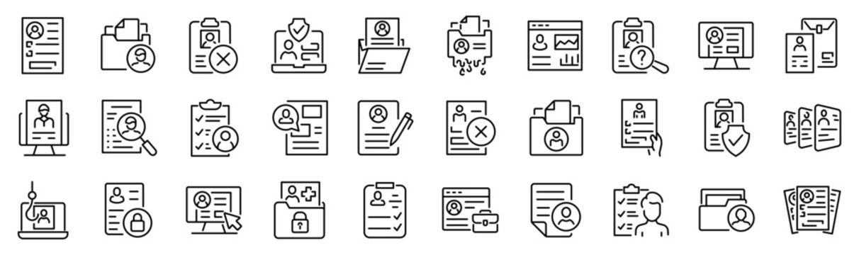 Set of 30 outline icons related to personal data. Linear icon collection. Editable stroke. Vector illustration