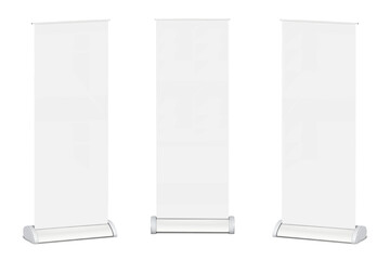 Obraz na płótnie Canvas Blank white tall roll-up retractable banner stand. Front and half-turned. Isolated mock-up set. Pull-up roller standee. Realistic vector mockup. Kakemono advertising display stand. Template for design