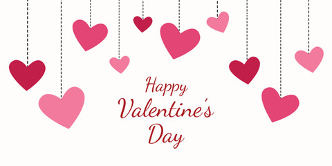 Happy Valentine&rsquo;s Day greeting card with hanging hearts. Cute festive banner for Valentine&rsquo;s Day celebration. Flat vector illustration isolated on white background.