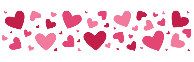 Valentine&rsquo;s Day horizontal banner with different hearts. Romantic love background. Cute festive design for greeting card. Flat vector illustration isolated on white background.