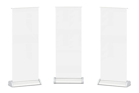 Blank white tall roll-up retractable banner stand. Front and half-turned. Isolated mock-up set. Pull-up roller standee. Realistic vector mockup. Kakemono advertising display stand. Template for design