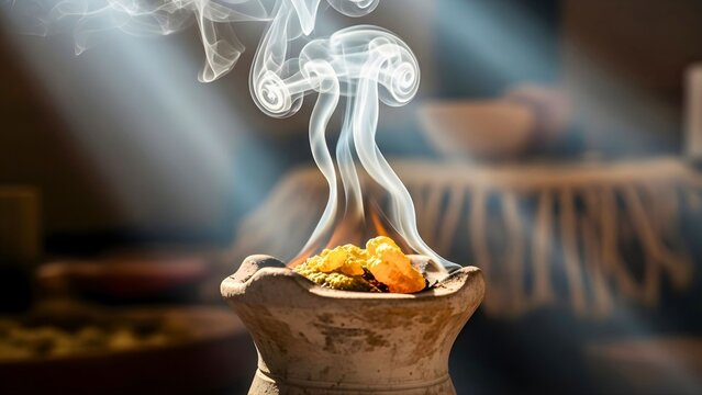 Traditional Mexican copal incense burning in a clay censer with spiritual smoke and dramatic sun rays