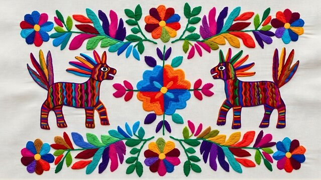 Vibrant Mexican Otomi embroidery style illustration featuring colorful fantastical animals and floral patterns on white fabric, celebrating traditional folk art and culture.