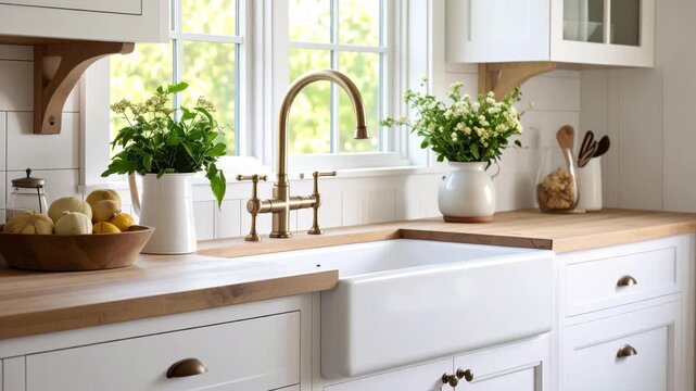 Bright farm style kitchen with white apron sink brass faucet wooden countertops and green plants