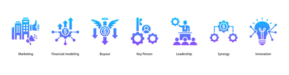 Obraz premium Financial Growth web banner icon vector illustration featuring Marketing, Financial modeling, Buyout, Key Person, Leadership, Synergy, and Innovation.