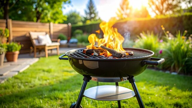 Charcoal grill with flames burning on a sunny day in a backyard garden